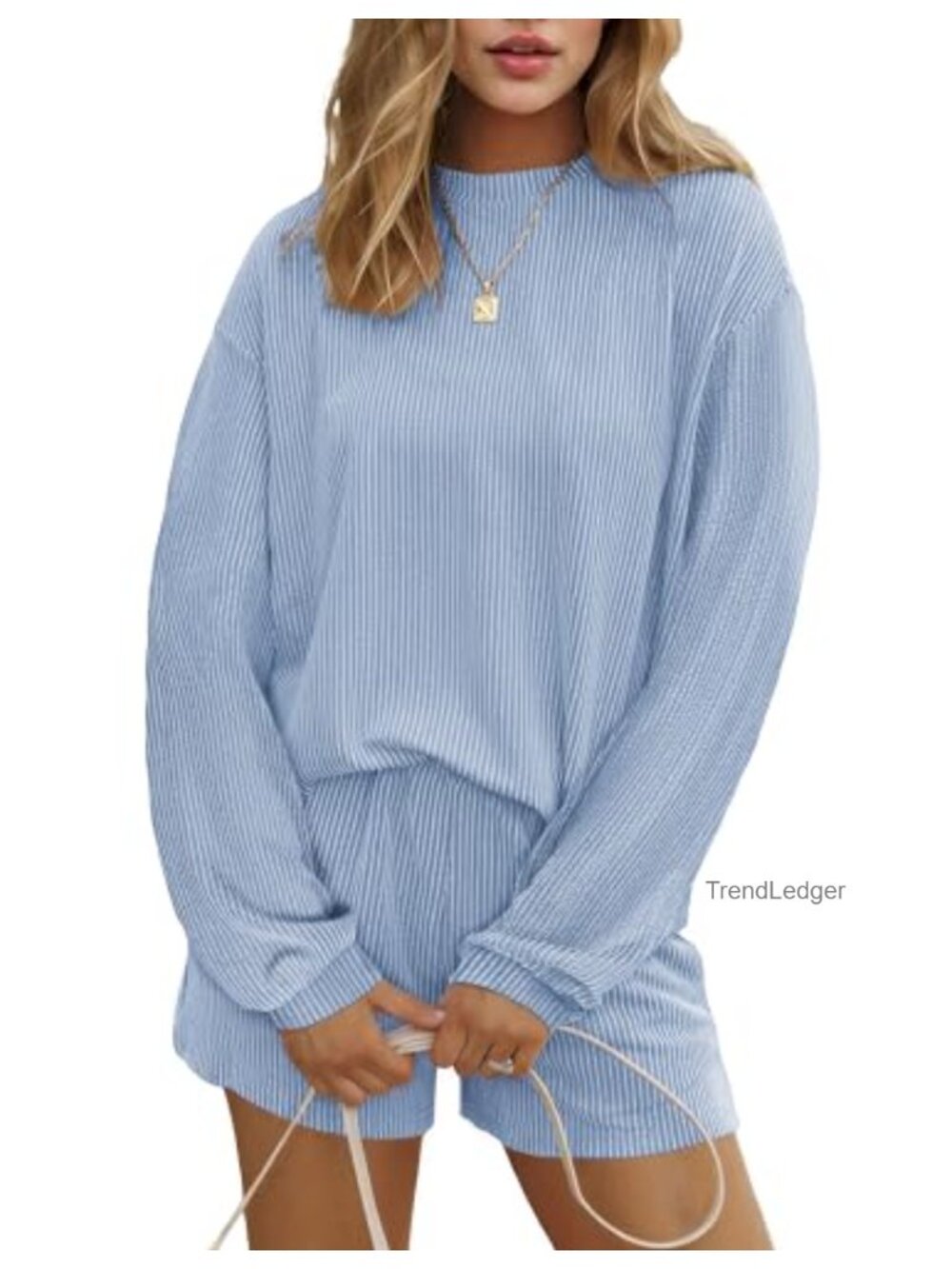 2 Piece Lounge Set Womens Long Sleeve Pajama Top and Shorts with Pockets